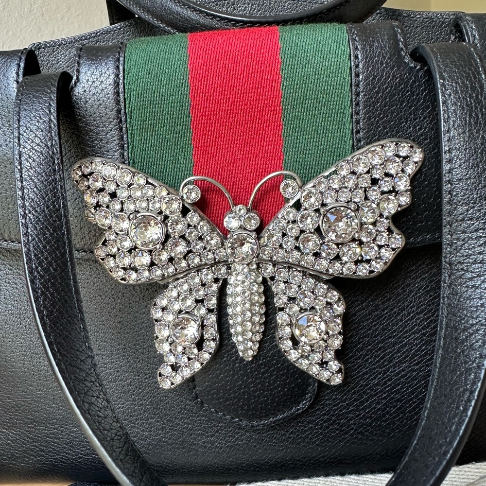 Gucci Black Leather Satchel with Crystal Butterfly - Picture 3 of 15
